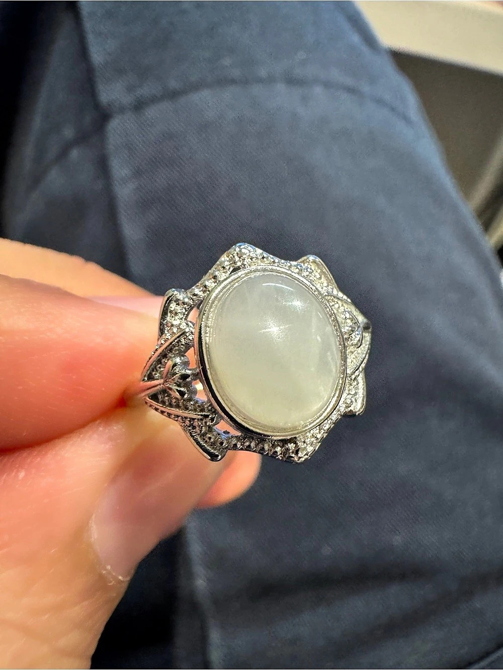 MOONSTONE natural White Cabochon Ring in Silver tone, adjustable size